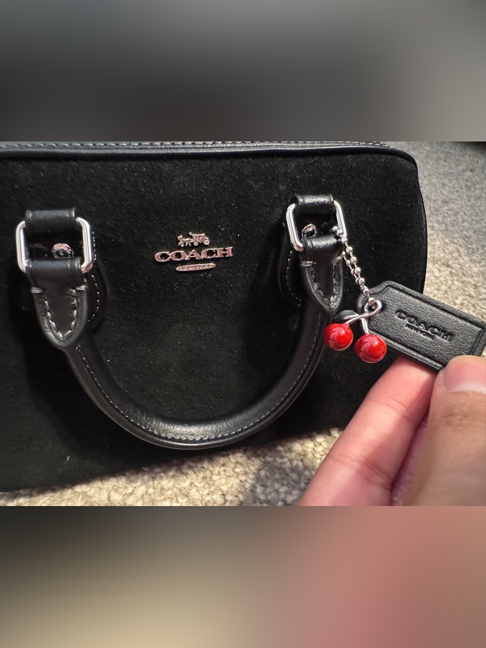 Coach Mini Rowan Crossbody Cherry Charm Black Suede